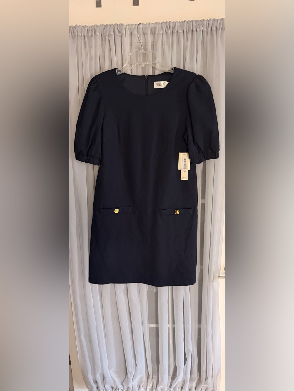 Eliza J Navy Shift Dress with Puff Sleeves and Gold Button Details Size 10 New